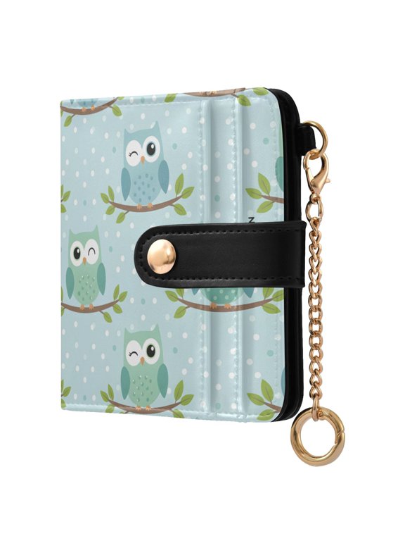 Funny Owls Pattern RFID Blocking Bifold Wallet Women Compact Card Holder with ID Window Zipper Coin Pocket
