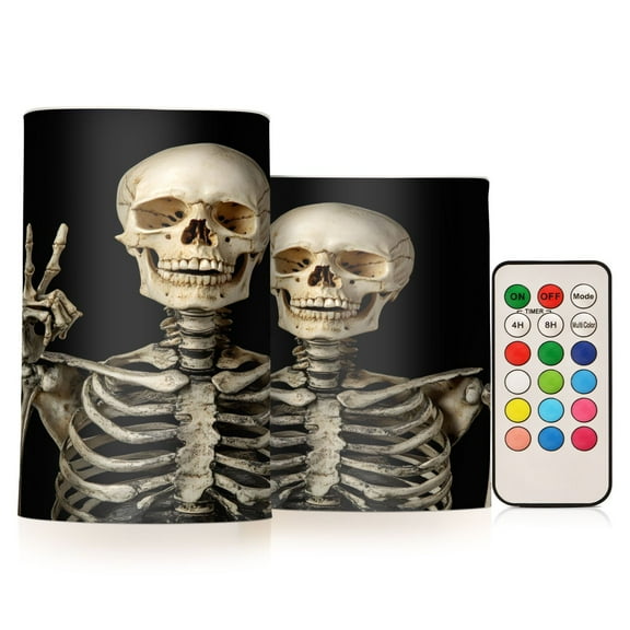 ALAZA Funny Skeleton 2 PCs LED Flickering Flameless Candles with Remote Timer Battery Operated Candle