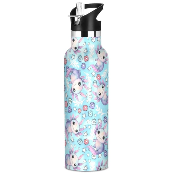 ALAZA Galaxy Axolotl Floral Pattern Stainless Steel Water Bottle Vacuum Insulated Leak-Proof Tumbler with Straw Handle 20oz