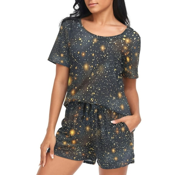 ALAZA Glitter Shiny Galaxy Women's Pajama Set Short Sleepwear Loungewear with Pockets M