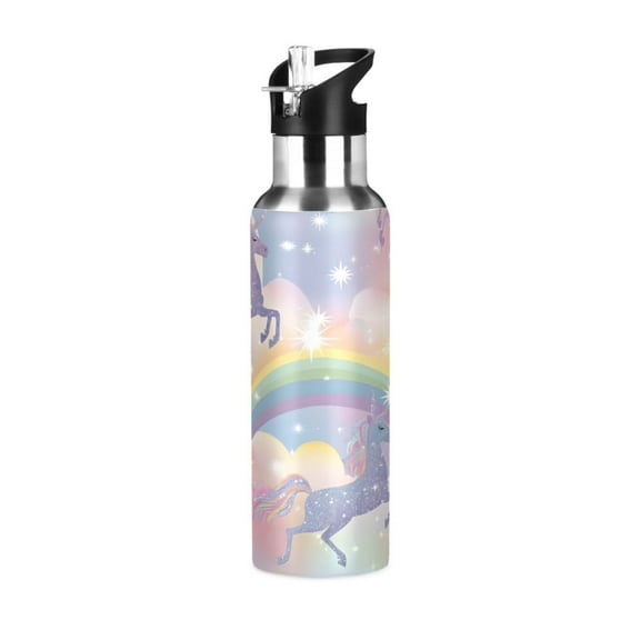ALAZA Glitter Unicorns and Rainbows Water Bottle Insulated Flask Stainless Steel Straw Lid 20 oz