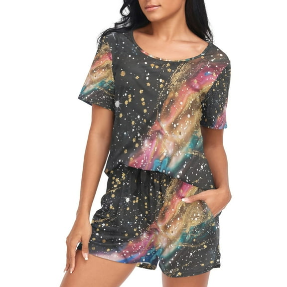 ALAZA Glittering Galaxy with Golden Women's Pajama Set Short Sleepwear Loungewear with Pockets M