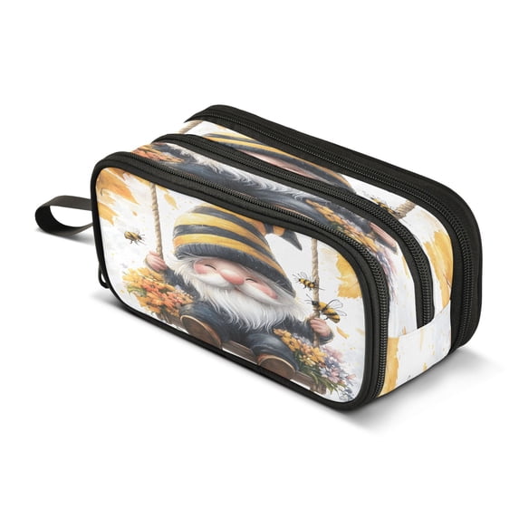ALAZA Gnome and Bee Pencil Case Bag 3 Compartment Pen Pouch Large Storage Holder Box Organizer