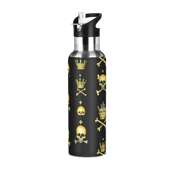 ALAZA Gold Skull Water Bottle Insulated Flask Stainless Steel Straw Lid 20 oz
