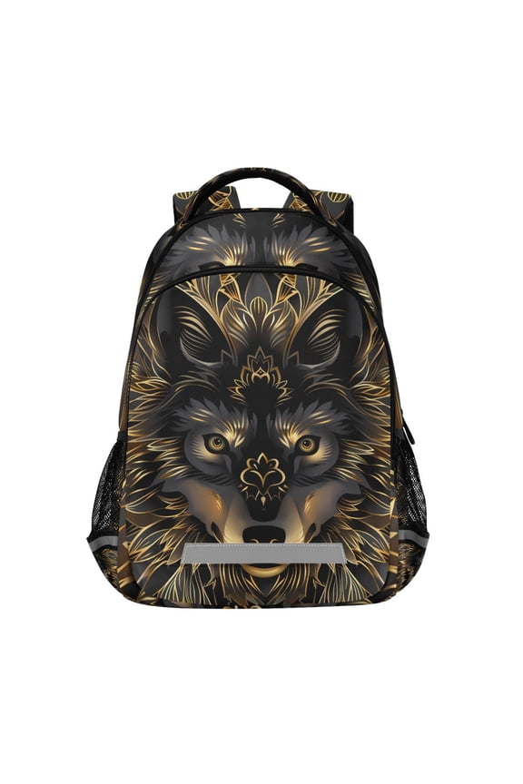 Golden Boho Wolf Backpack Elementary School Bag Bookbag Travel Rucksack