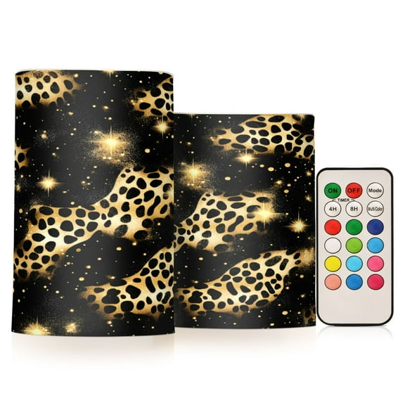 ALAZA Golden Leopard Print 2 PCs LED Flickering Flameless Candles with Remote Timer Battery Operated Candle