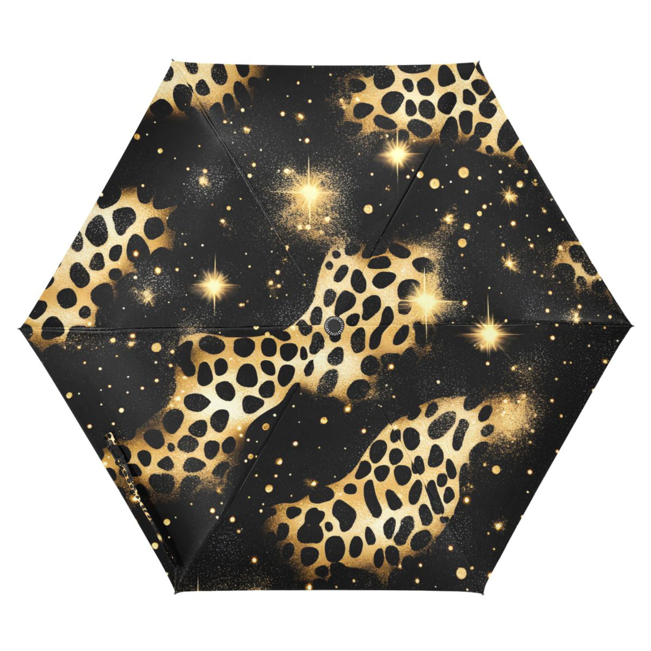 ALAZA Golden Leopard Print UPF 50+ Compact Folding Umbrella for Rain Travel Umbrella Packable