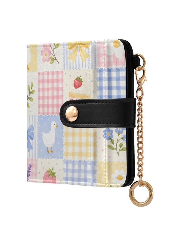 Goose Floral Bows Pattern RFID Blocking Bifold Wallet Women Compact Card Holder with ID Window Zipper Coin Pocket