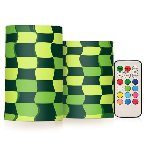 ALAZA Green Checkered Pattern 2 PCs LED Flickering Flameless Candles with Remote Timer Battery Operated Candle