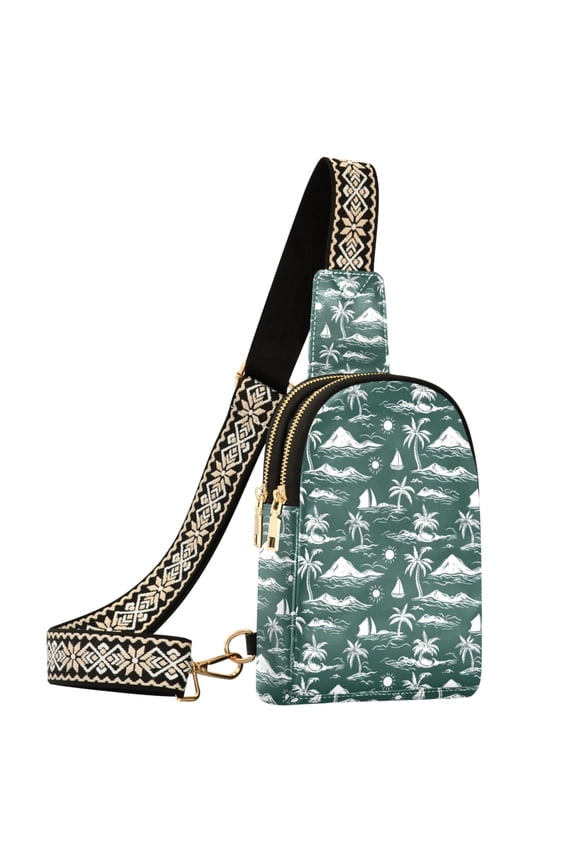 Green Palm Tree Sailboat Sun Pattern Sling Bag for Women Men Waterproof Crossbody Chest Bags
