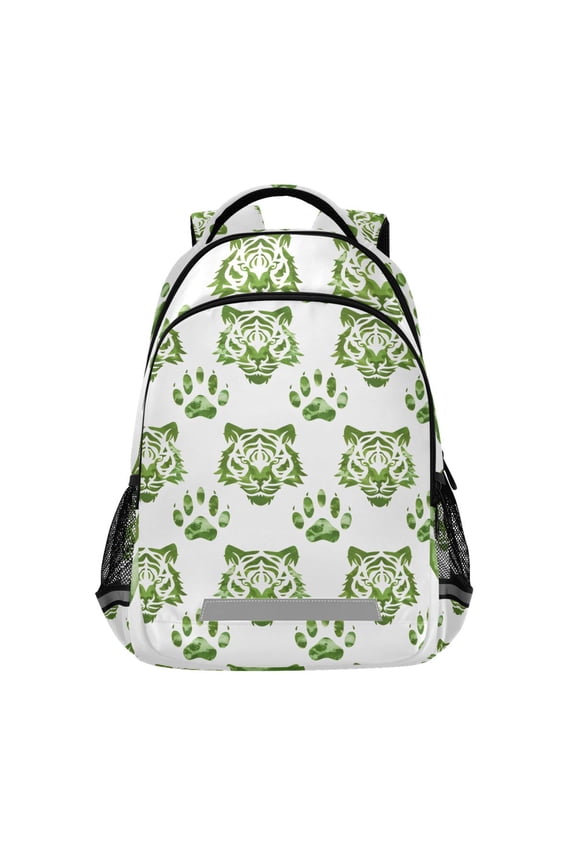 Green Tiger and Paws Backpack Elementary School Bag Bookbag Travel Rucksack