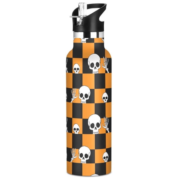 ALAZA Halloween Skull Checkered Pattern Stainless Steel Water Bottle ...