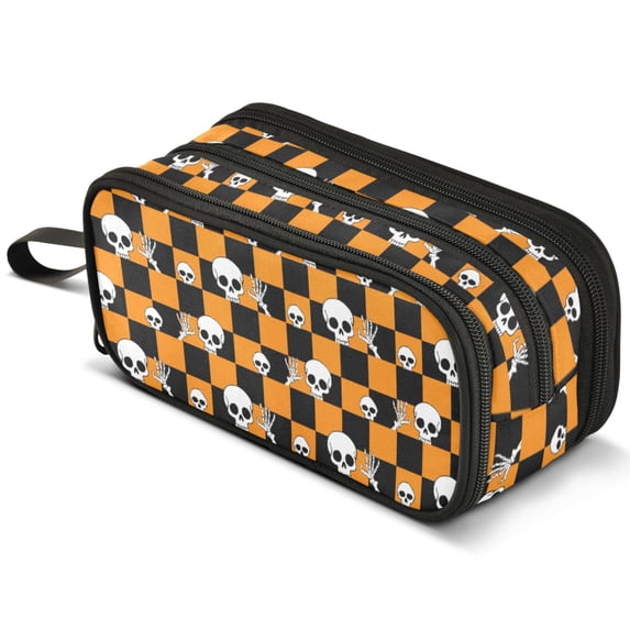 ALAZA Halloween Skull Checkered Pencil Case Bag Large 3 Compartment Pen ...