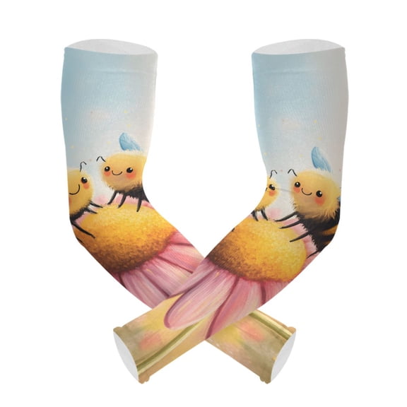ALAZA Hand Draw Cute Bees Flower UV Sun Protection Arm Sleeves UPF 50+ Compression Cooling Sleeve 1 Pair
