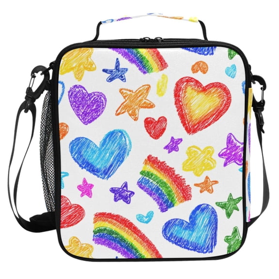 ALAZA Hand Drawn Heart Rainbow Lunch Box Insulated Cooler Lunch Bag with Shoulder Strap Meal Prep Tote