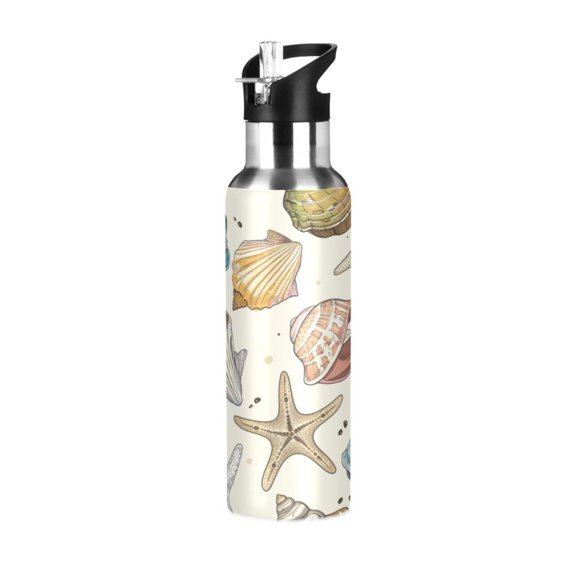 ALAZA Hand Drawn Seashells Beach Stars Water Bottle Insulated Flask Stainless Steel Straw Lid 20 oz