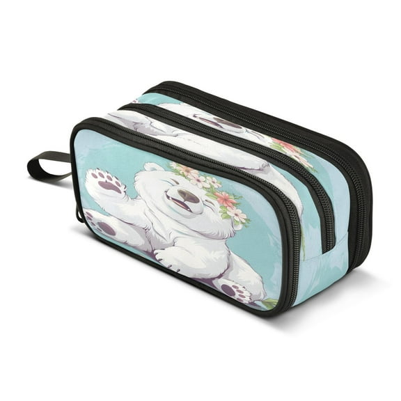ALAZA Happy Bear Flower Pencil Case Bag 3 Compartment Pen Pouch Large Storage Holder Box Organizer