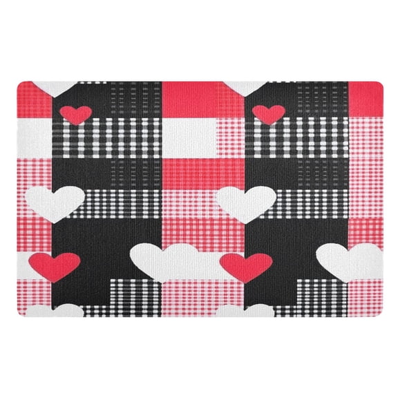ALAZA Heart on Checkered Grid Pattern Door Mat Outdoor Indoor Entrance Low Profile Floor Rugs 32"x20"