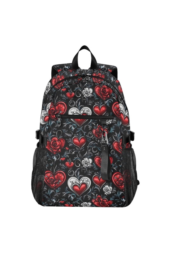 Hearts Roses Flower Pattern School Backpack Travel Laptop Bag College Bookbag Casual Daypack for Women Men