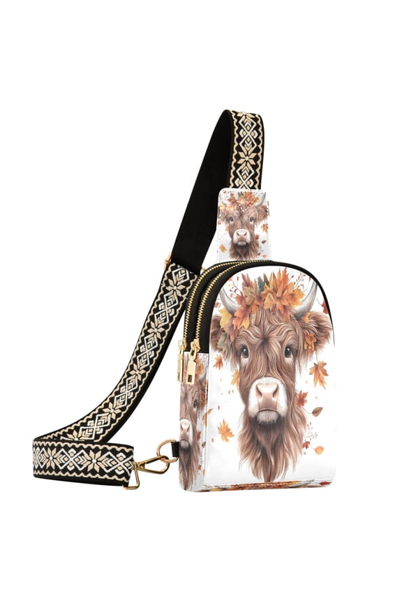 Highland Cattle Autumn Leaves Sling Bag for Women Men Waterproof Crossbody Chest Bags