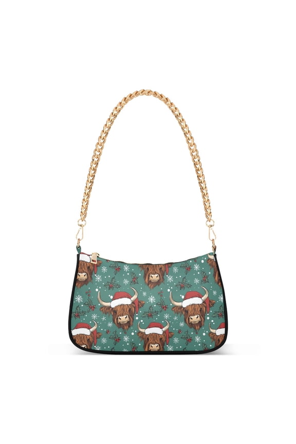 Highland Cattle Christmas Women's Chain Shoulder Bag Hobo Handbag Tote Crossbody Purse