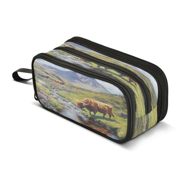 ALAZA Highland Cattle Drinking Pencil Case Bag 3 Compartment Pen Pouch Large Storage Holder Box Organizer