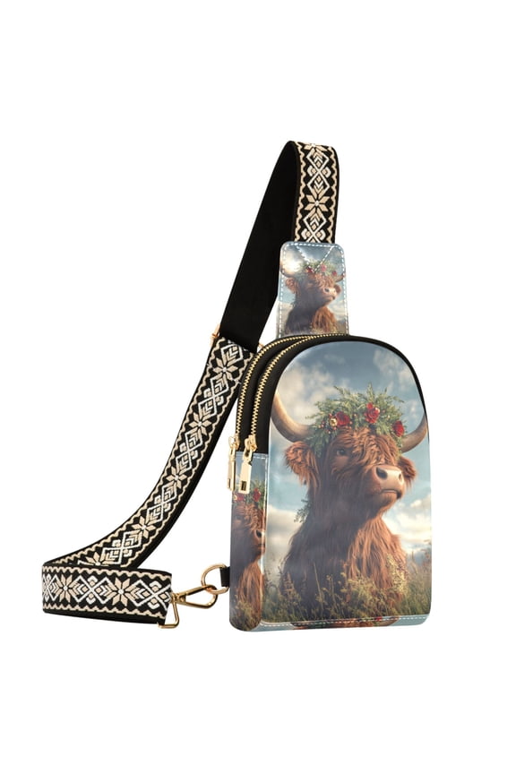 Highland Cattle Field Sling Bag for Women Men Waterproof Crossbody Chest Bags