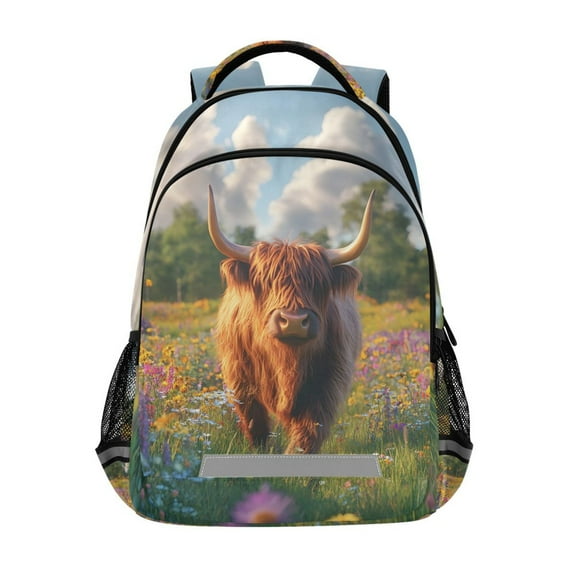 ALAZA Highland Cattle Floral Field Backpack Elementary School Bag Bookbag Travel Rucksack