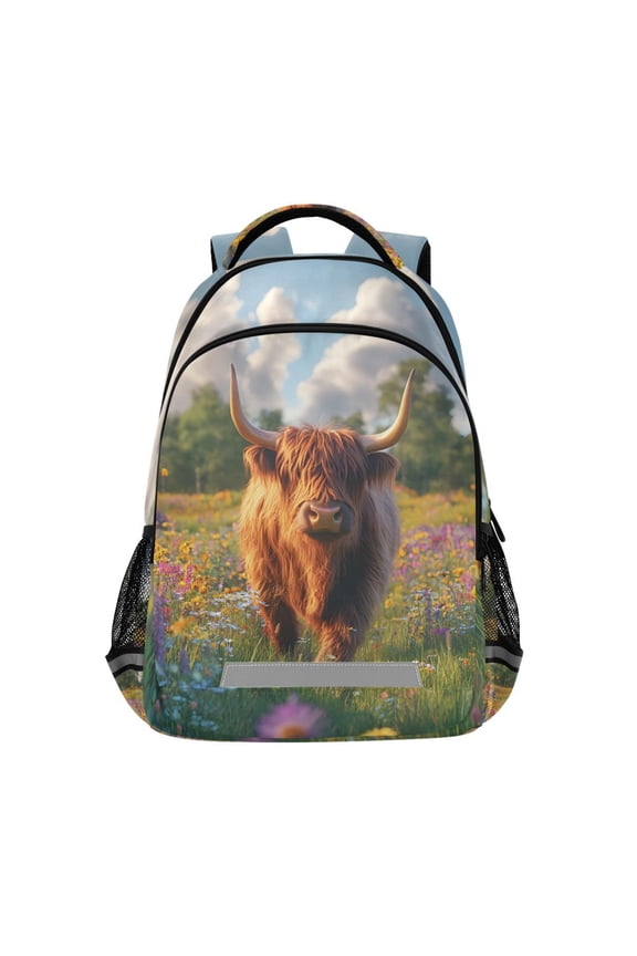 Highland Cattle Floral Field Backpack Elementary School Bag Bookbag Travel Rucksack