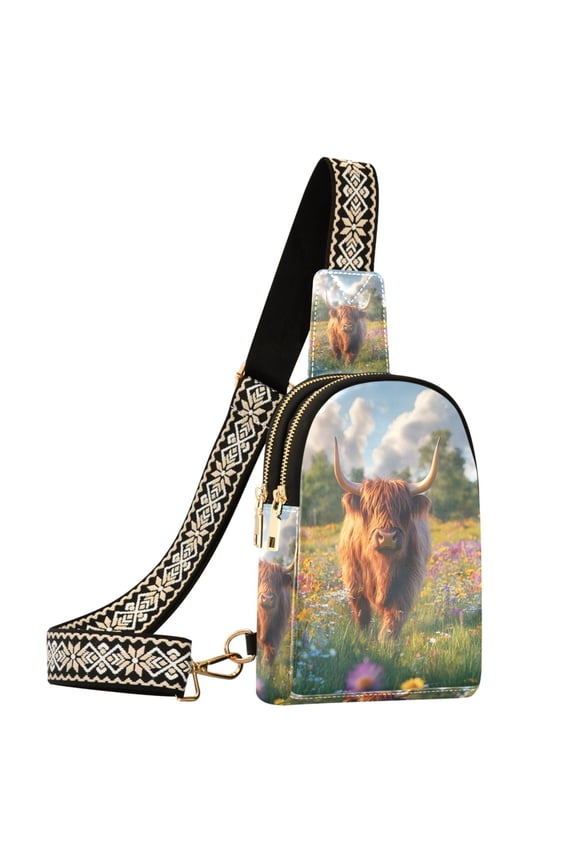 Highland Cattle Floral Field Sling Bag for Women Men Waterproof Crossbody Chest Bags