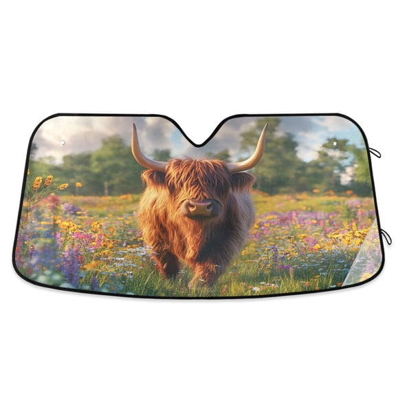 ALAZA Highland Cattle Floral Field Windshield Sun Shade Car Foldable Visor Block UV Rays Protector 55"x27.6"
