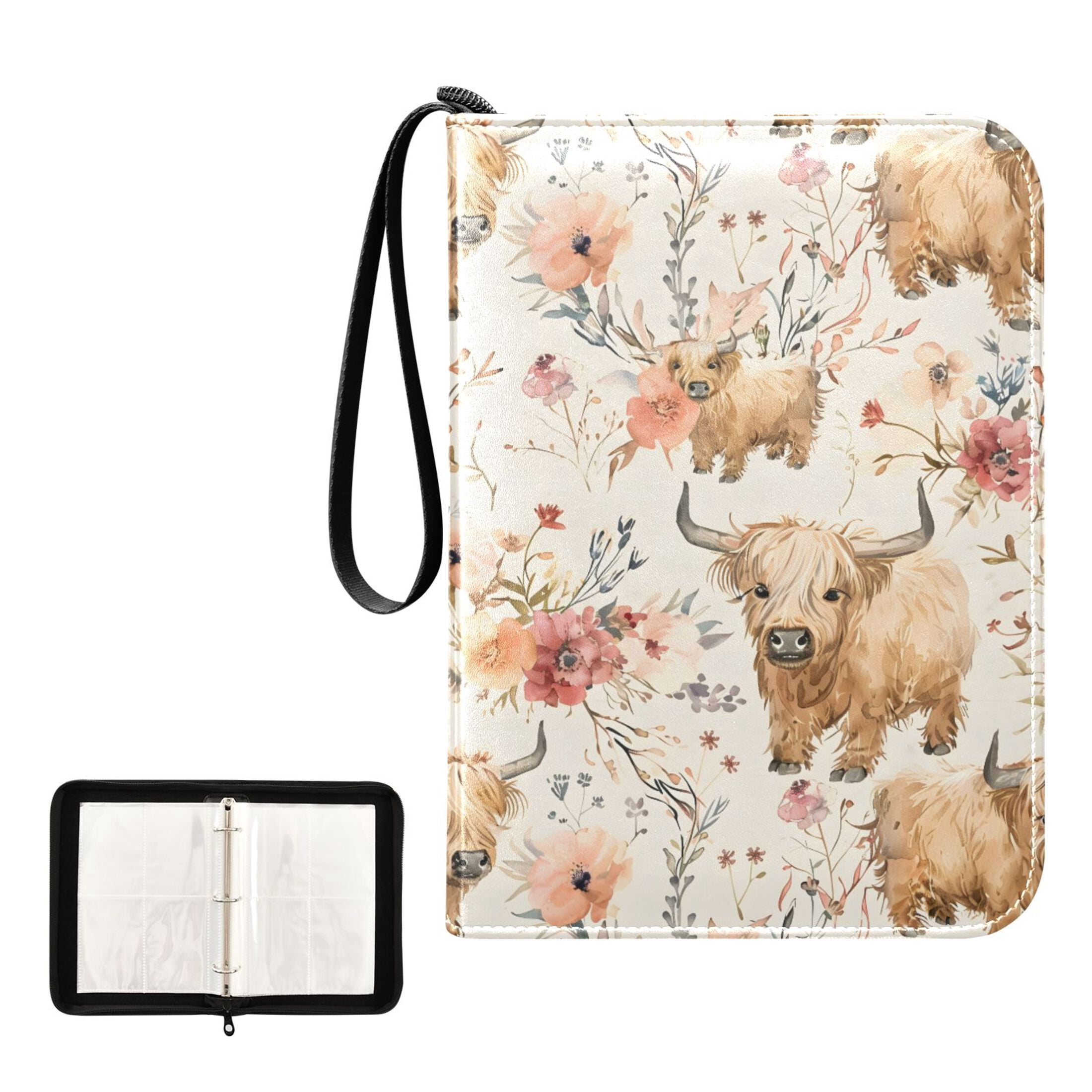 ALAZA Highland Cattle Floral Trading Card Binder 4 Pocket Cards Collection Album 400 Folder Holder