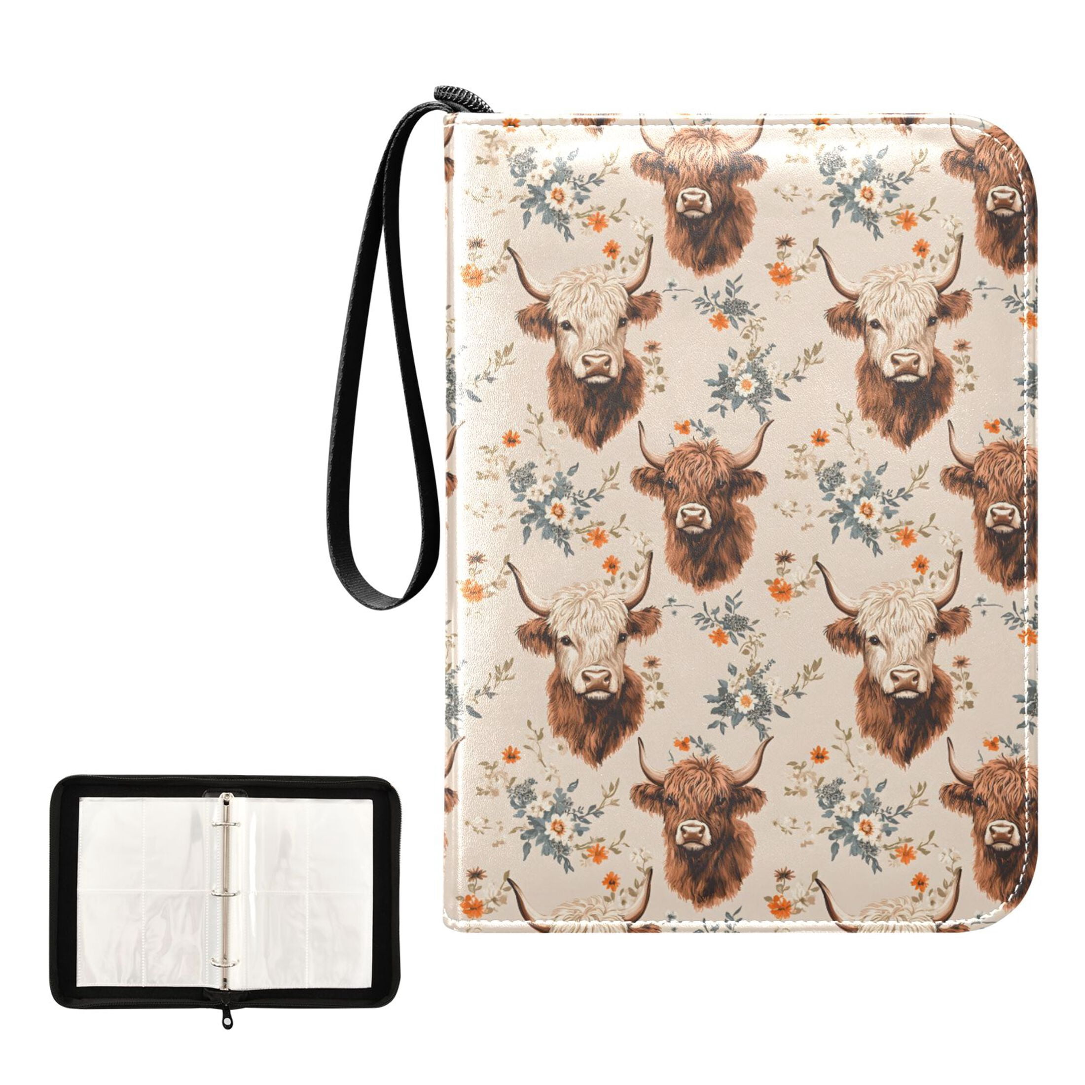ALAZA Highland Cattle Floral Trading Card Binder 4 Pocket Cards Collection Album 400 Folder Holder
