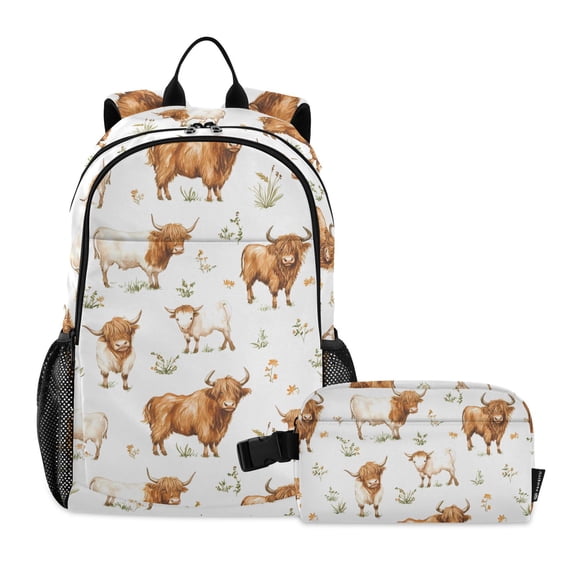 ALAZA Highland Cattle Flower-w2 School Backpack Lunch Box Set Student Bookbag