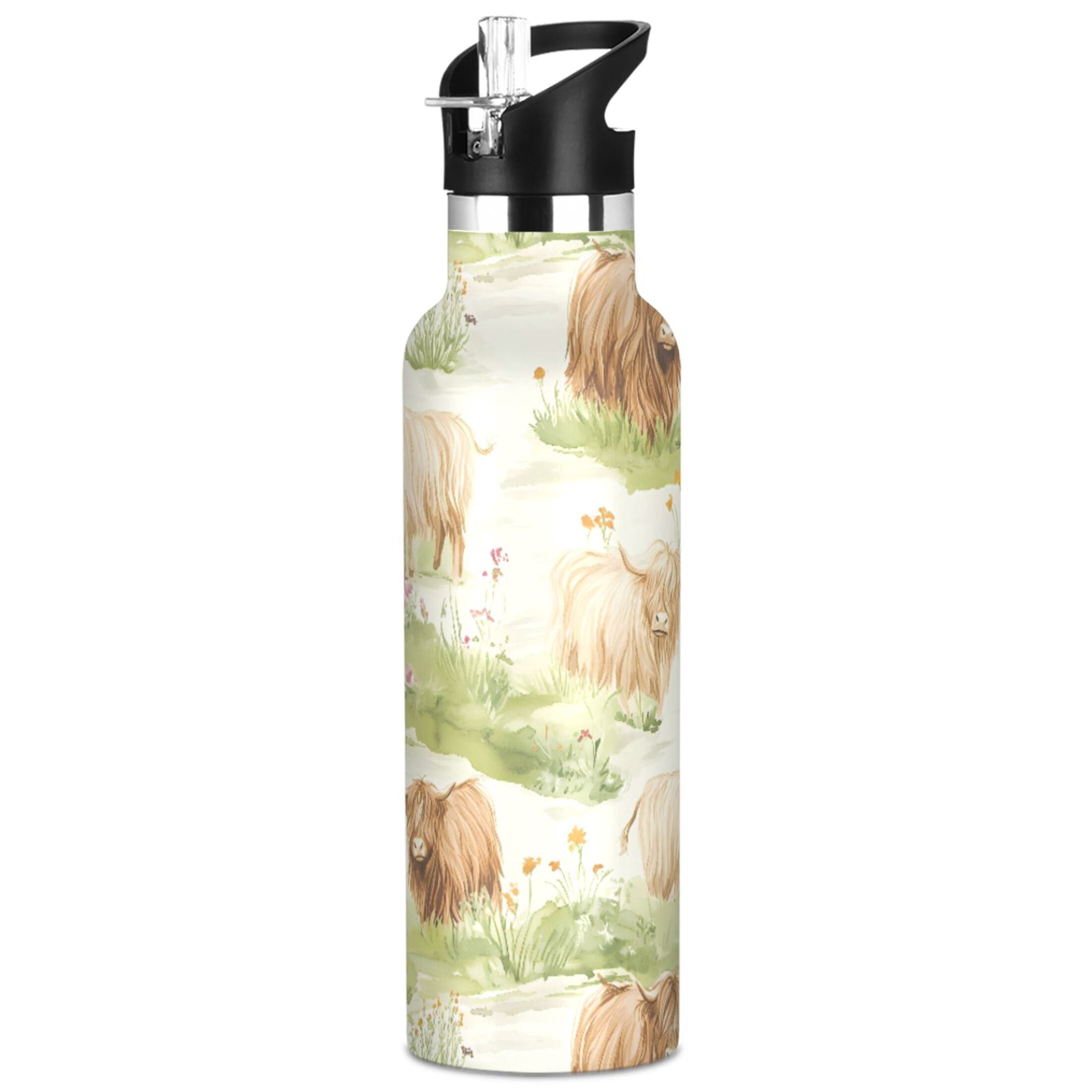 ALAZA Highland Cattle Flower-w3 Pattern Stainless Steel Water Bottle ...