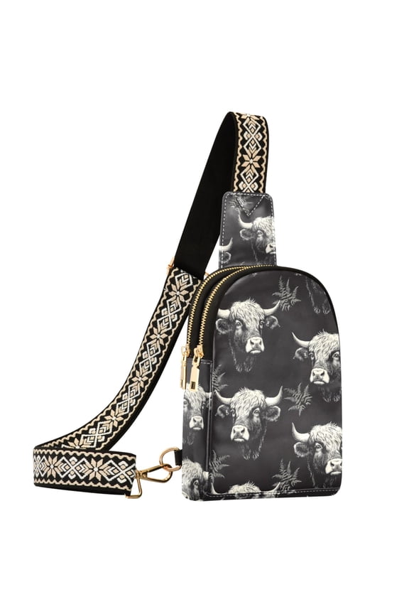 Highland Cattle Leaves-s1 Sling Bag for Women Men Waterproof Crossbody Chest Bags