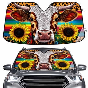 ALAZA Highland Cattle Leopard Rainbow Pattern Car Windshield Sun Shade Foldable UV Ray Sunshade Visor Protector 55 x 27.6in