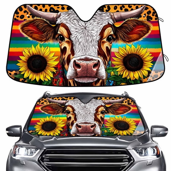 ALAZA Highland Cattle Leopard Rainbow Pattern Car Windshield Sun Shade Foldable UV Ray Sunshade Visor Protector 55 x 27.6in