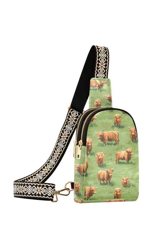 Highland Cattle Meadow Sling Bag for Women Men Waterproof Crossbody Chest Bags