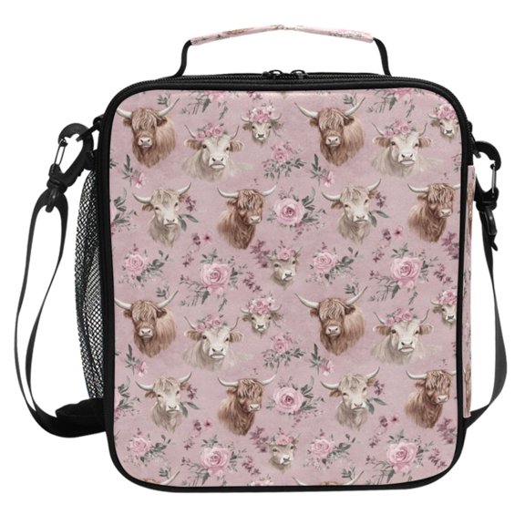 ALAZA Highland Cattle Roses Lunch Box Insulated Cooler Lunch Bag with Shoulder Strap Meal Prep Tote