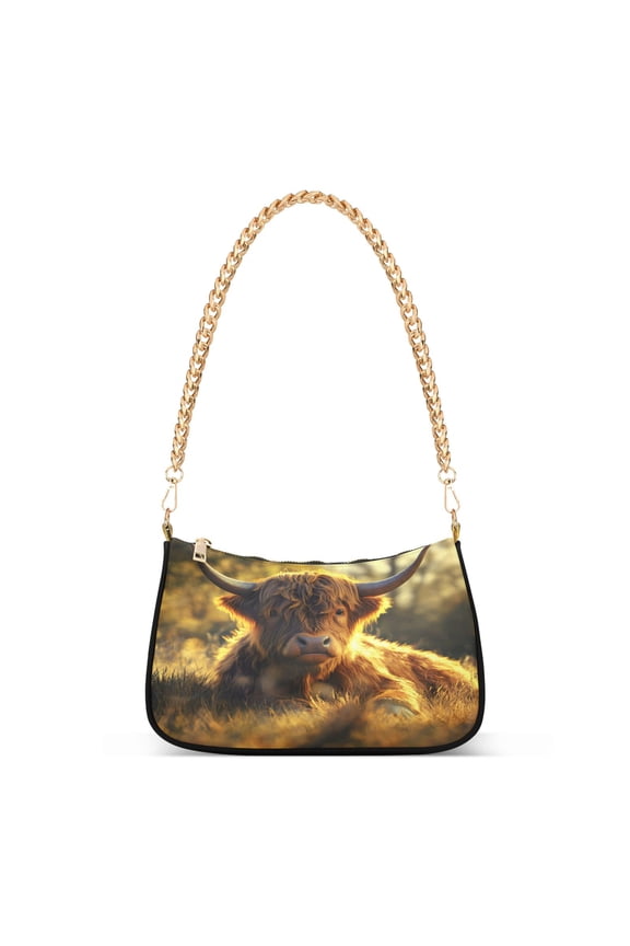 Highland Cattle Sunset Women's Chain Shoulder Bag Hobo Handbag Tote Crossbody Purse