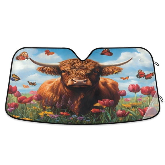 ALAZA Highland Cattle Tulip Flower Windshield Sun Shade Car Foldable Visor Block UV Rays Protector 55"x27.6"