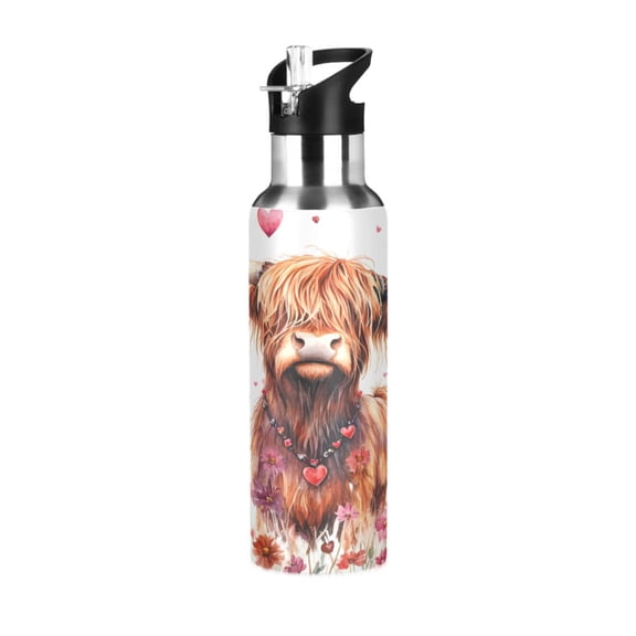 ALAZA Highland Cattle and Hearts Water Bottle Insulated Flask Stainless Steel Straw Lid 20 oz