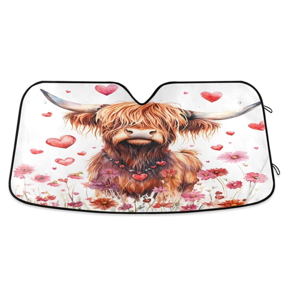 ALAZA Highland Cattle and Hearts Windshield Sun Shade Car Foldable Sun Visor Block UV Rays Protector 57"x31.5"