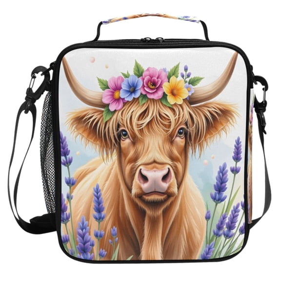 ALAZA Highland Cattle in Lavender Lunch Box Insulated Cooler Lunch Bag with Shoulder Strap Meal Prep Tote