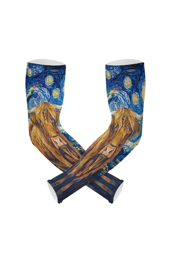 Highland Cattle in Starry Night UV Sun Protection Arm Sleeves UPF 50+ Compression Cooling Sleeve 1 Pair