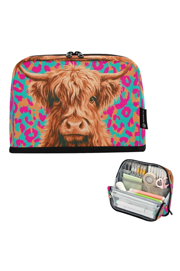 Highland Cattle on Leopard Pencil Case Pen Pouch Bag Large Capacity Organizer