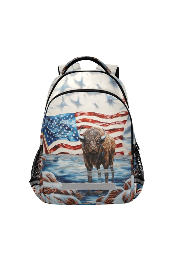 Highland Cow America Flag Backpack Elementary School Bag Bookbag Travel Rucksack