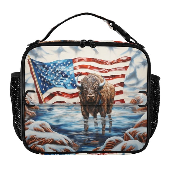 ALAZA Highland Cow America Flag Lunch Box Insulated Lunch Bag Cooler Tote with Shoulder Strap