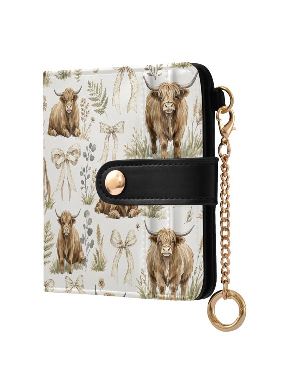 Highland Cow Coquette Bows Pattern RFID Blocking Bifold Wallet Women Compact Card Holder with ID Window Zipper Coin Pocket